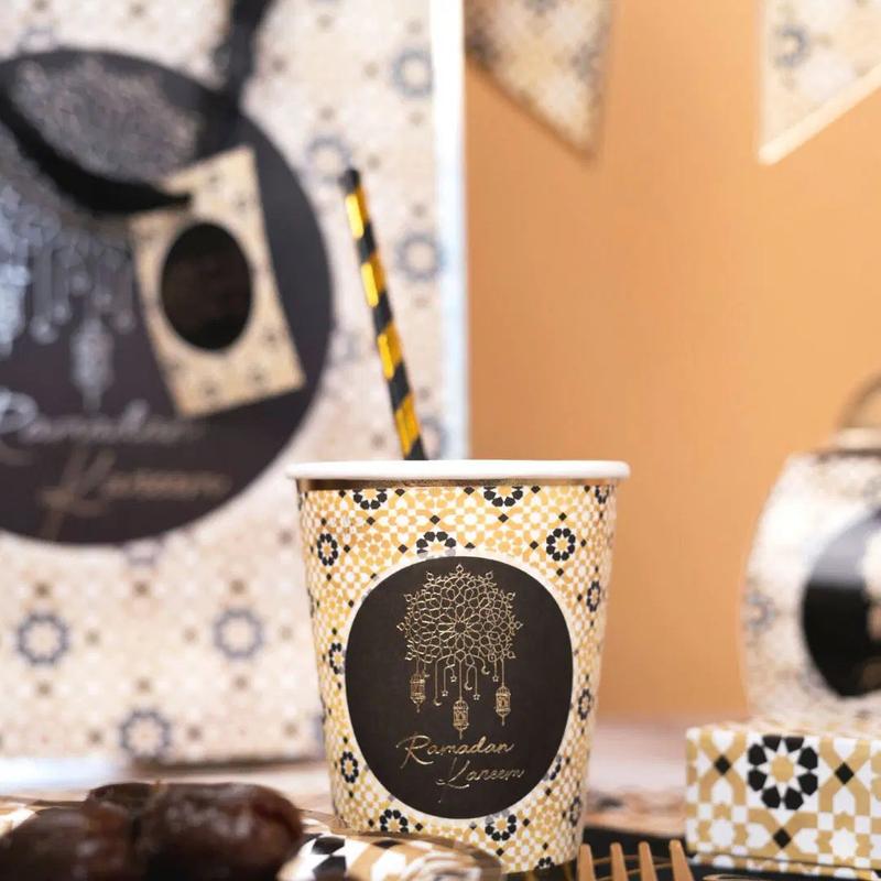 Ramadan Kareem Plate, Cup and Napkin Set - Black & Gold Geometric 1
