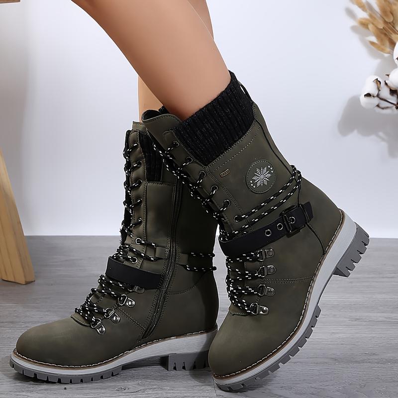 Product Introduction of Stylish Knitted Mid-Calf Boots - Trendy Solid Color Winter Boots with Side Zipper, Buckle Belt, and Non-Slip Sole for Women - Perfect for Cold Weather and Casual Occasions 2