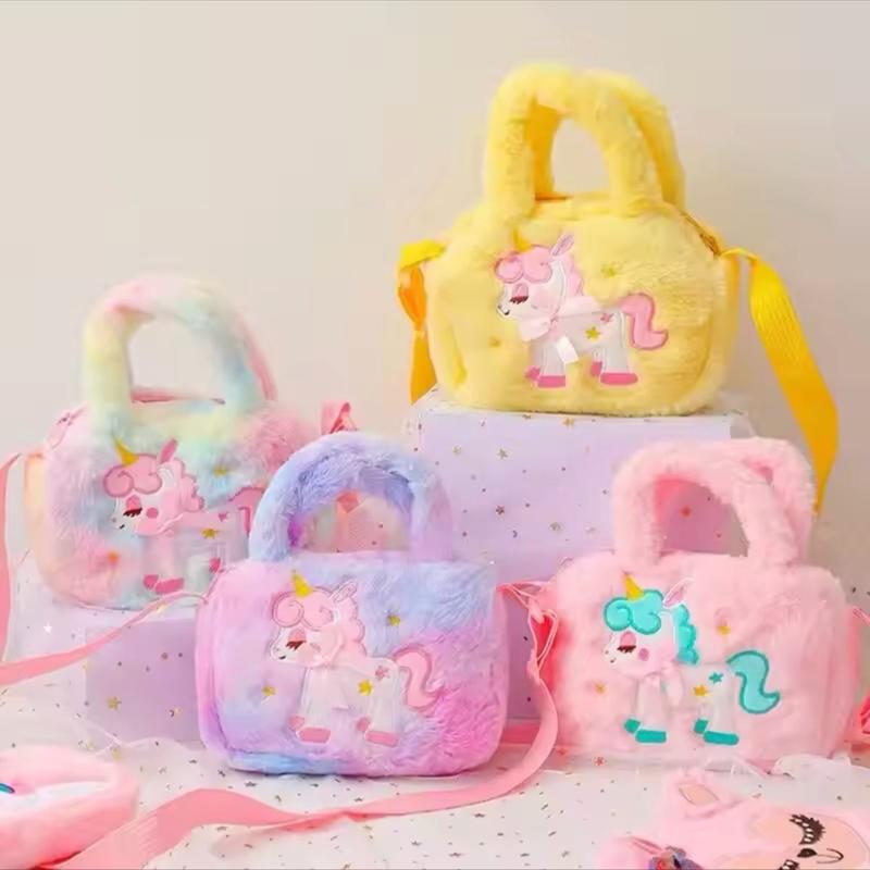 Kids Embroidery Unicorn Plush Toy Crossbody Purses Handbags Little Girls Rainbow Fluffy Purse Cute Cartoon Furry Shoulder Bag 0