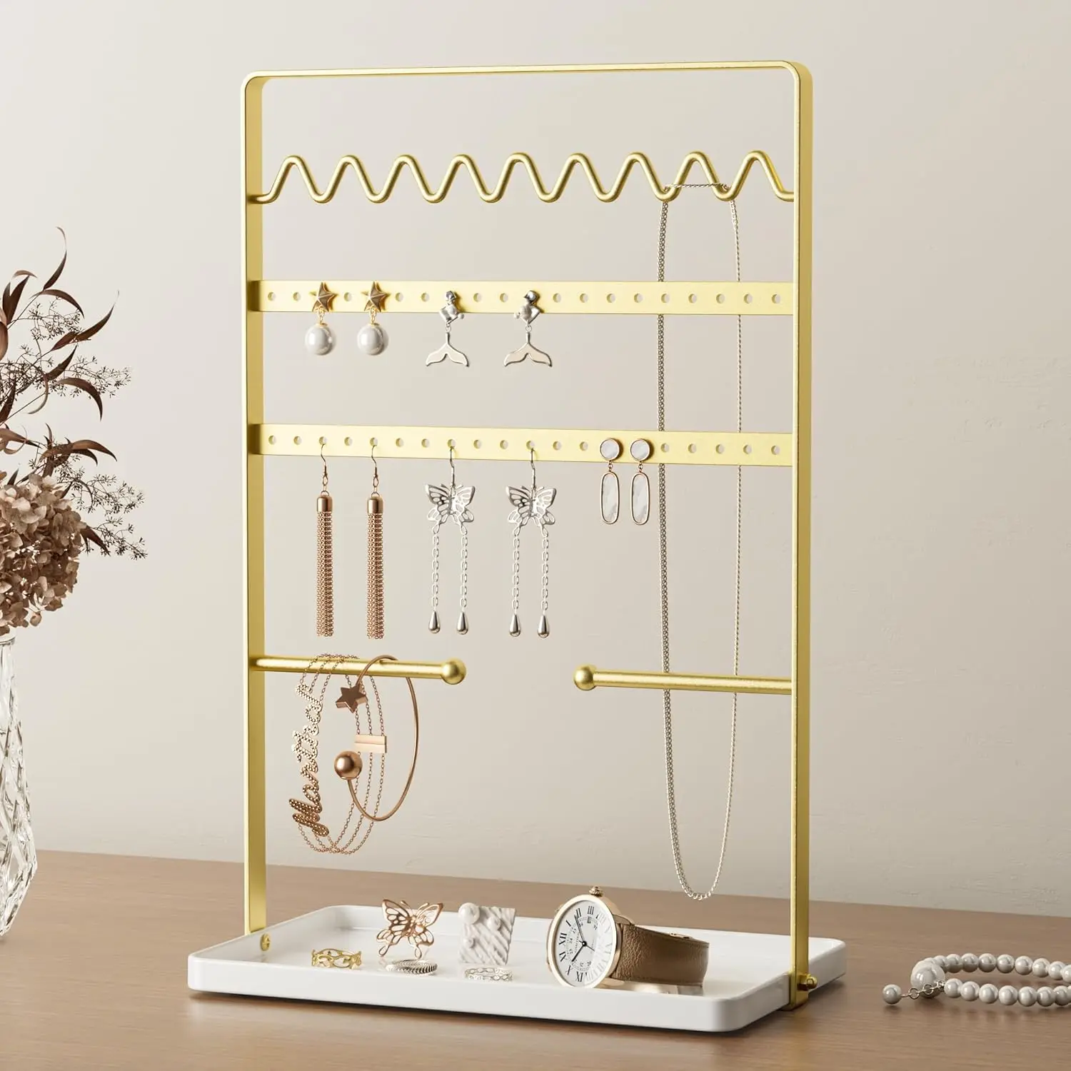 Jewellery Stand Necklace Display Holder: Jewelry Tree for Jewellery Storage with Metal Base, Gold, 12.2Inch Organiser