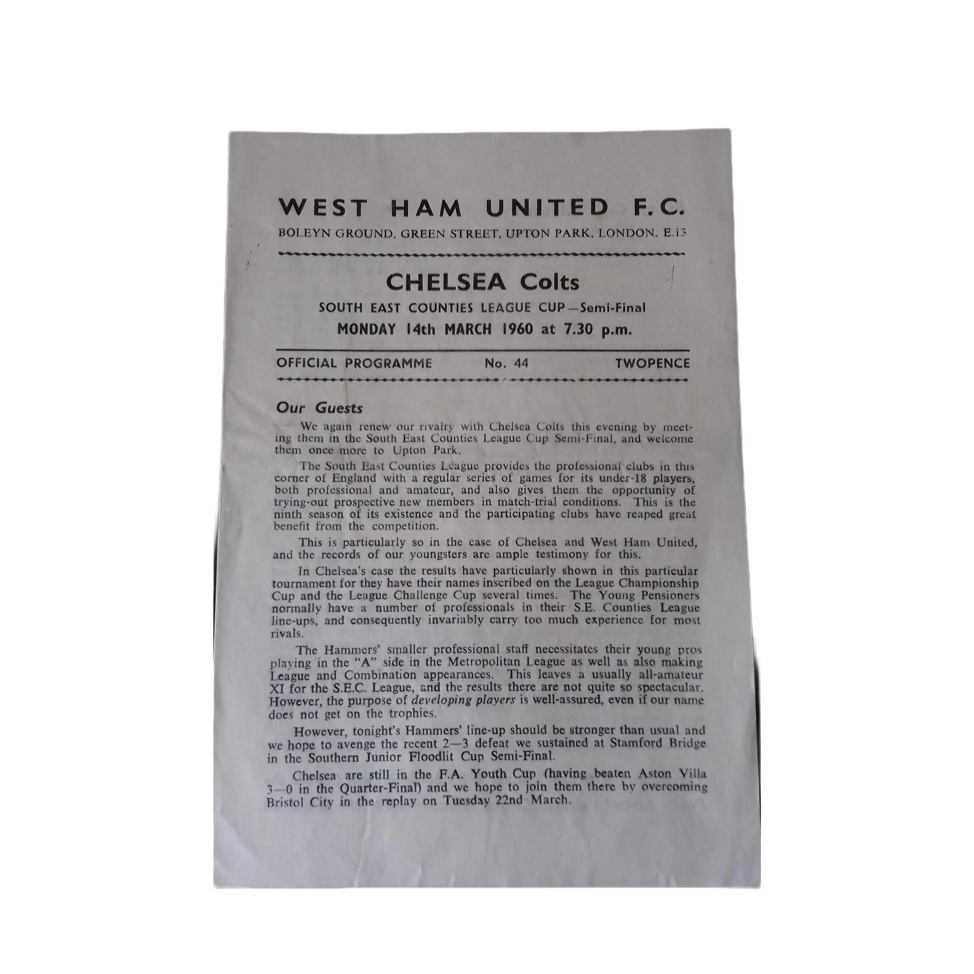 West Ham Utd Colts v Chelsea Colts South East Counties League Cup S/Final Mon. 14/3/60