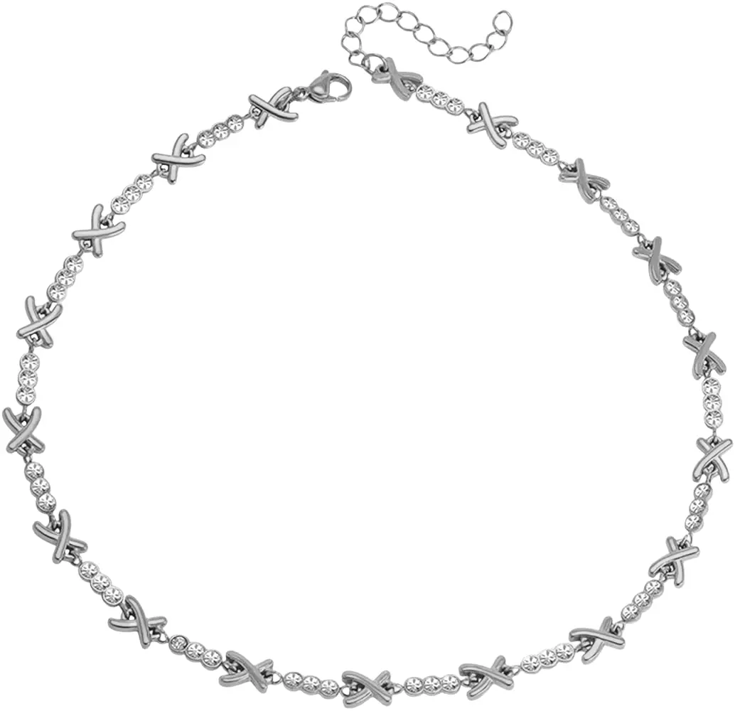Gemma XO Crystal Cross Choker Necklace - Silver