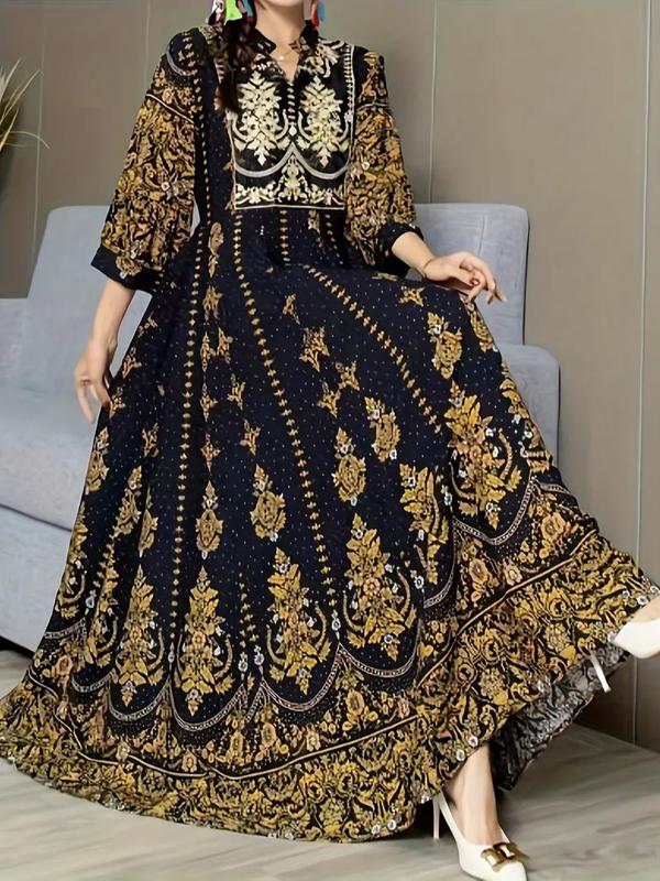 ONE SIZE 3/4 Sleeve Maxi Dress - Elegant Floral V-Neck, Flowy Swing Design - Perfect for Spring Vacations & Summer, Women's Fashion, Pakistani dress, Indian dress, Bangladesh dress, Afghanistan dress, Asian dress, Middle East Dress, Party dress, gift 0