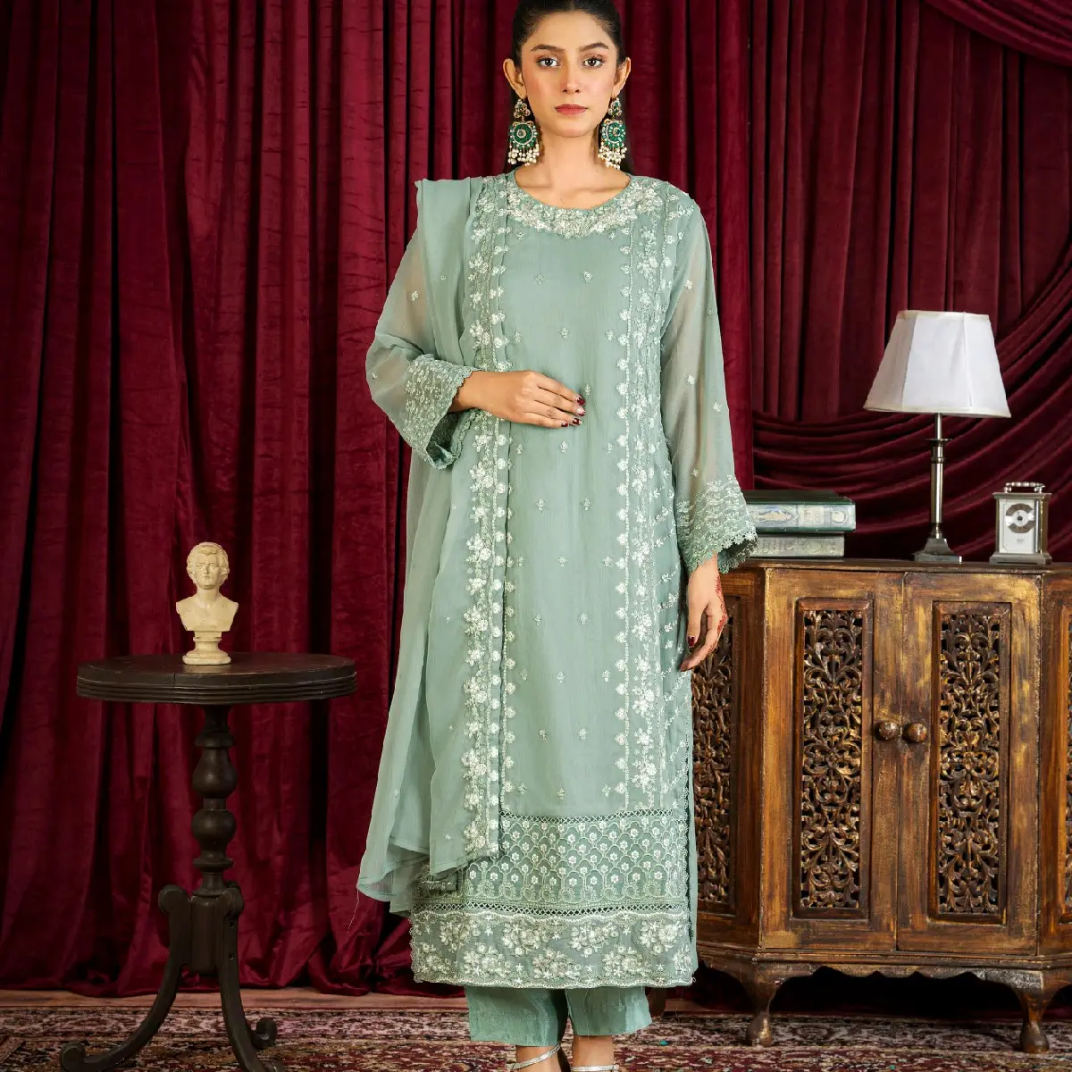 Baroque inspired 3pc Chiffon fully embroidered Dress with Silk Trouser.