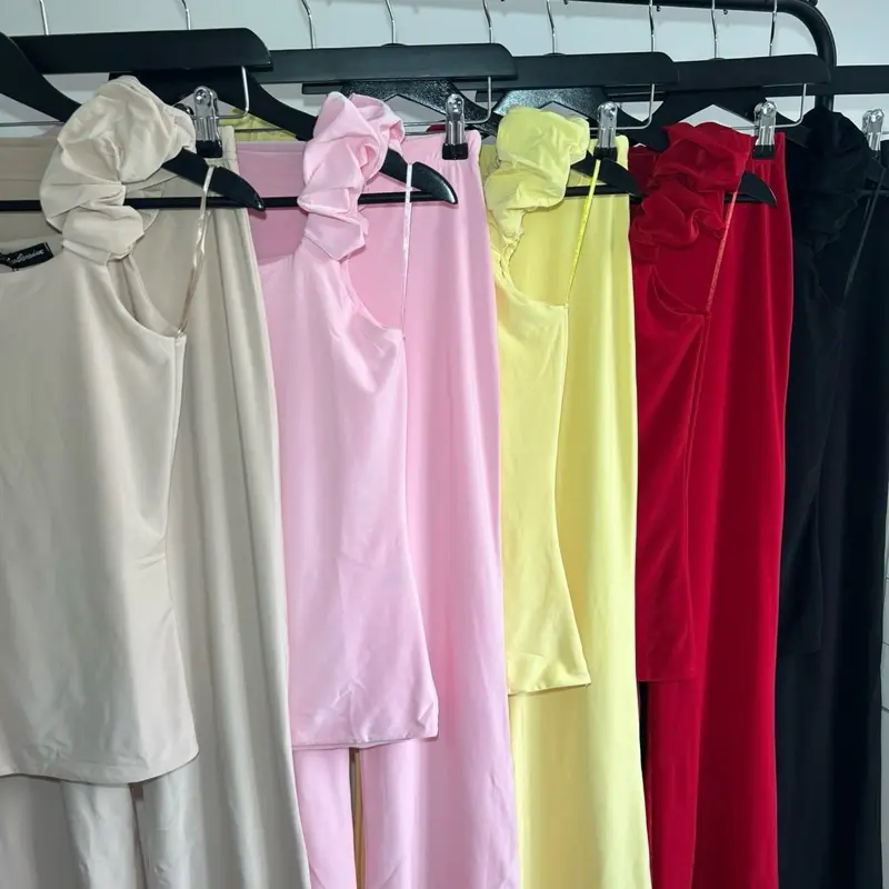 Frilled Sleeve Slinky Two Piece Loungewear Set - 5098 for Women - Elegant, Feminine, Pants, Clothing, Casual, Comfortable, Fit, Adjustable, Basic Womenswear