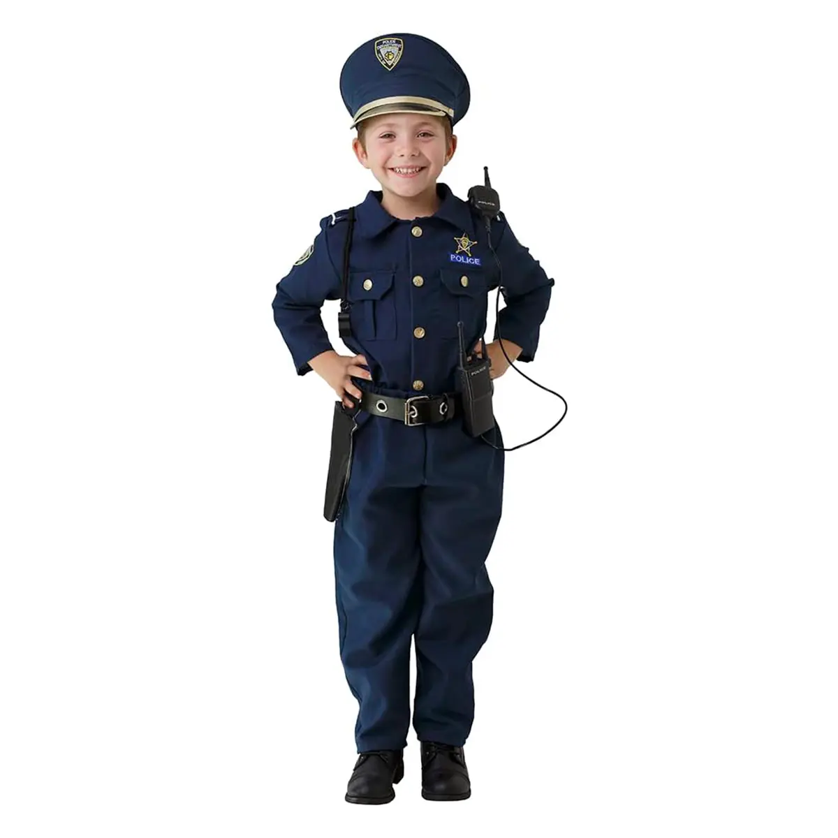 Dress Up America Children Police Costume For Boys - Includes Shirt, Pants, Hat, Belt, Whistle, Gun Holster, and Walkie Talkie Police Costume Kids Cop Set