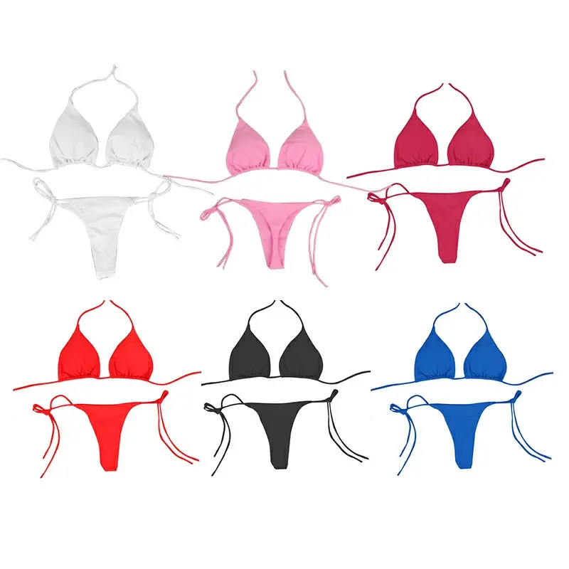 Women Halter Bikini Set Bra Top + Mini Triangle G-string Thong Swimwear Swimsuit Set - Red/wine red/blue