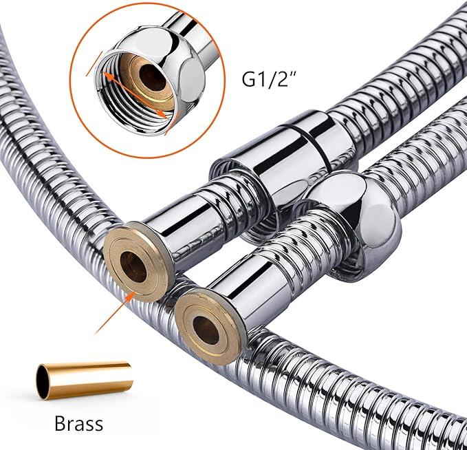 Shower Hose 1.7m, Stainless Steel Shower Pipe Anti Twist, Anti-Kink, Leakproof Universal Standard Fit G1/2 Replacement with Copper Connectors, Chrome M20109-17 1