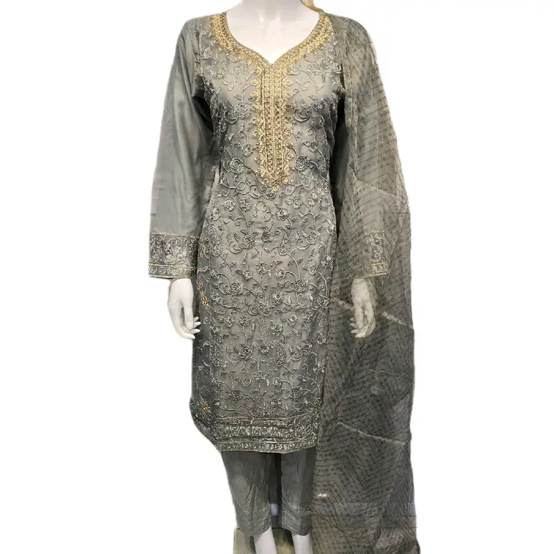 Women's Organza and Lilon Fabric Embroidered Shalwar Kameez 3-Piece Suite with Gold Thread Neck Design - Casual, Womenswear Sizes chest size S36 M 38 L 41 Xl 43 0