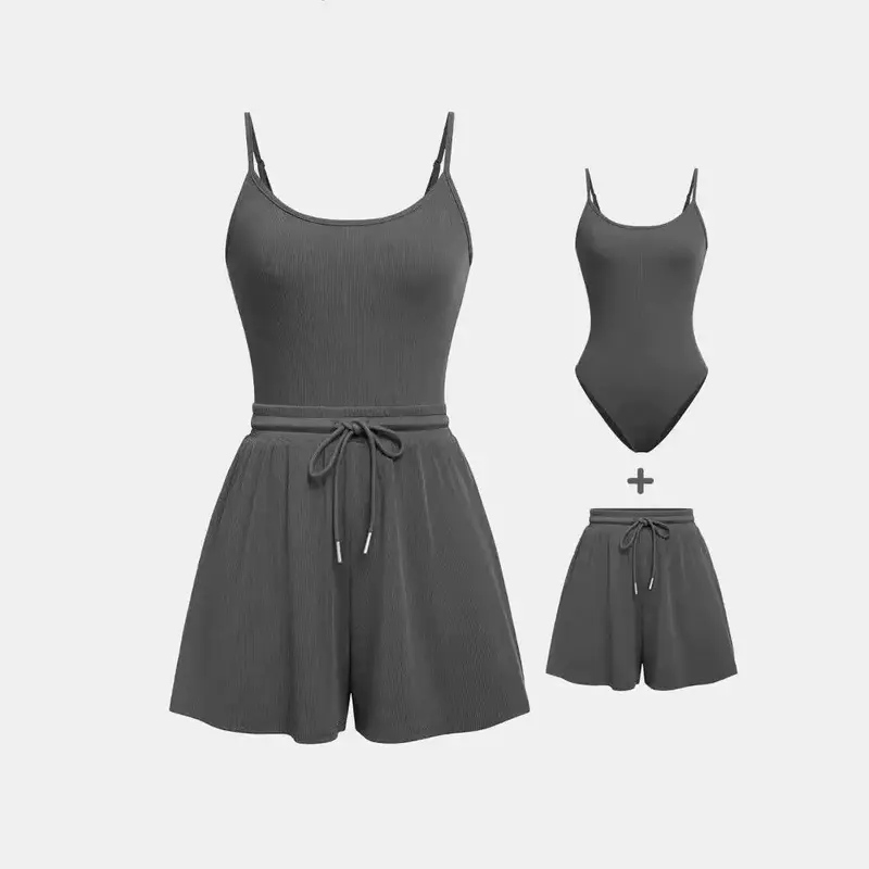 Women Abjustable Strap Cami Bodysuit & Drawstring Wide Leg Shorts Set, Casual Round Neck Sphaghetti Strap Bodysuit &Elastik Shorts Set, Back to School Womens Wear for Summer, Travel 0