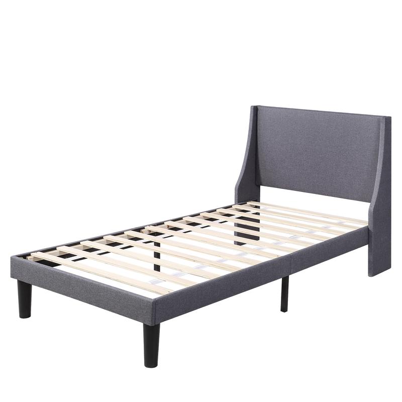 Single Bed Soft Linen Grey 3FT Upholstered Bed with Winged Headboard, Wood Slat Support 7