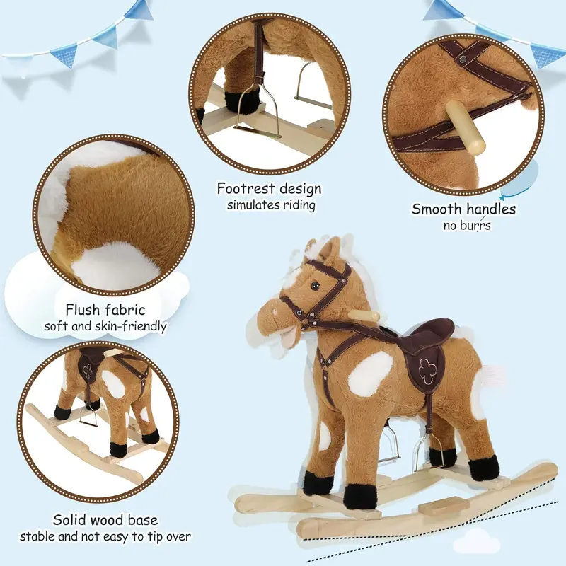 WOLTU Baby Rocking Horse Wooden Toddler Rocking Toy with Sound and Stirrups Plush Ride on Horse Kid Rocker Child Rocking Animal Gift for 1-3 Years Old, Brown, Seat Height 44cm, KSF003 2