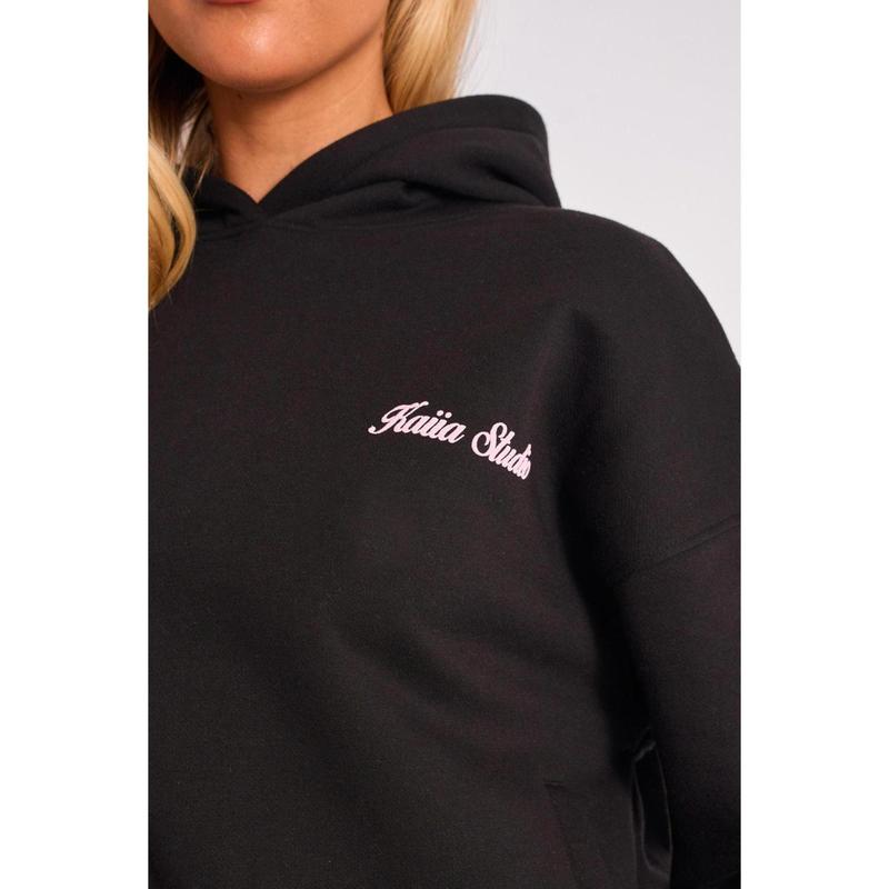Kaiia Cherry Bow Graphic Oversized Hoodie Black & Pink 3