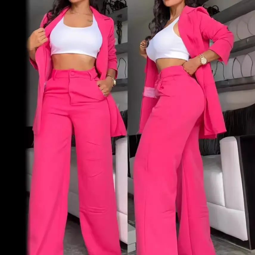 Women's elegant solid color split sleeve lapel suit with pockets and straight pants suit