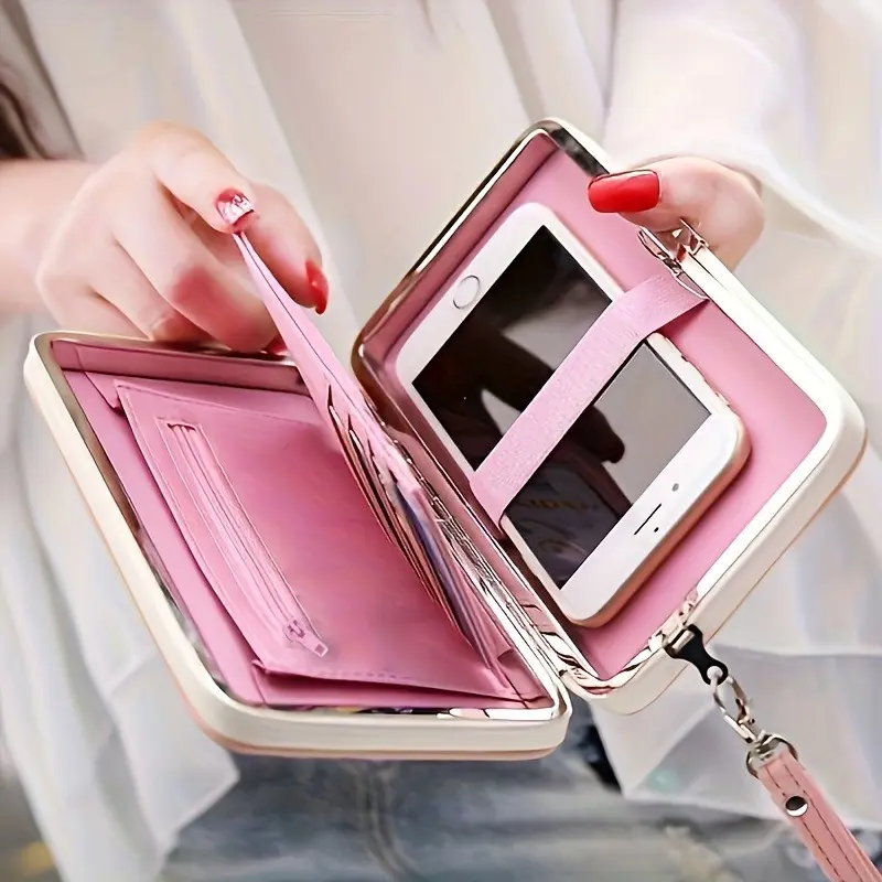 Chic Pink & White Women's Wallet with Bow Detail - Large Capacity Synthetic Leather Clutch with Zipper 0