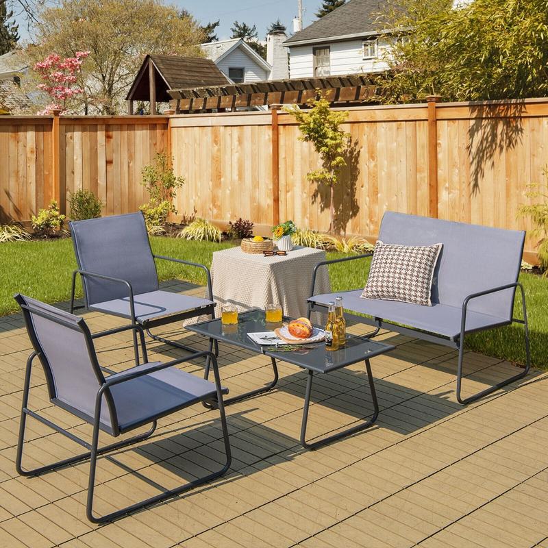 4 Piece Garden Patio Bistro Furniture Set with Loveseat, Coffee Table and 2 Chairs 1