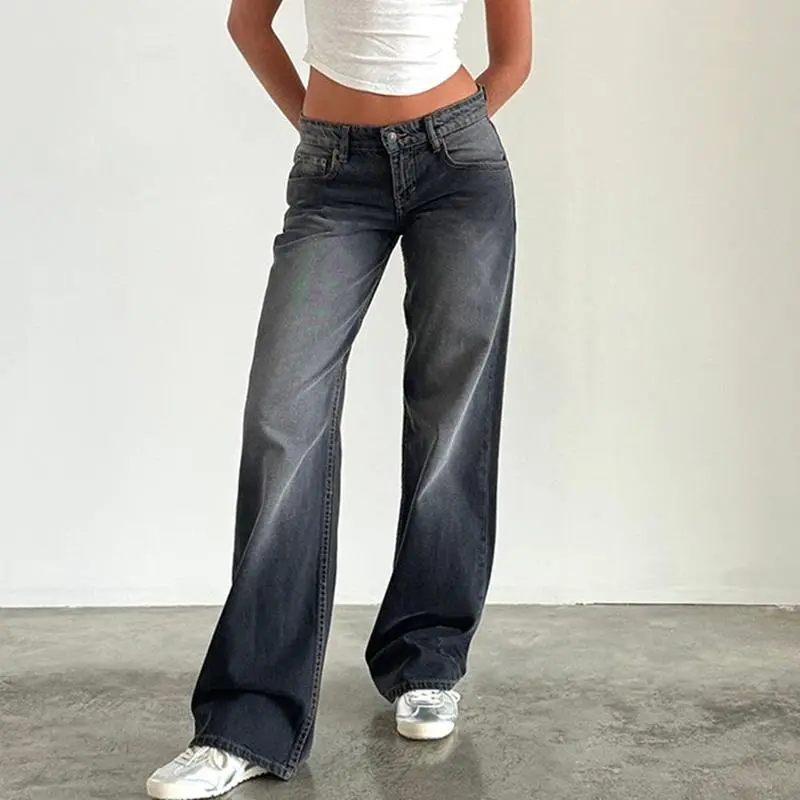Women Vintage Aesthetic Y2k Low Rise Baggy Jeans Loose Fit Boyfriend Straight Wide Leg Jeans Trendy Stretch Long Denim Pants