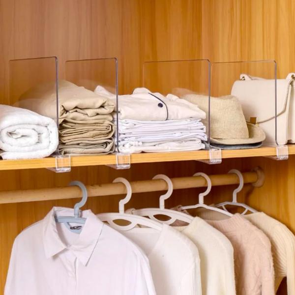 Product Introduction of 4X Clear Acrylic Shelf Dividers Storage Shelves Divider Wardrobe Organizer, Clear Acrylic Shelf Dividers for Closet Organization - Durable Closet, Book Shelf or Pantry Shelf Divider for Wood Shelves, Space Saving Shelf Organizers Racks Wooden 14