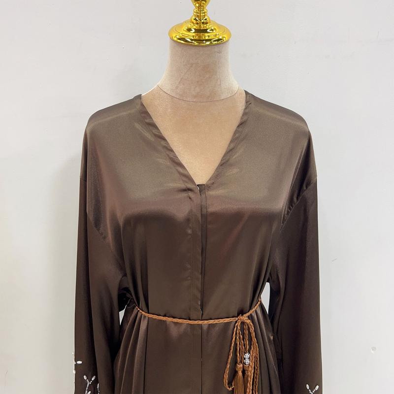Product Introduction of HS1024 1pcs Satin Cardigan Handmade Beaded Dress Abaya 16