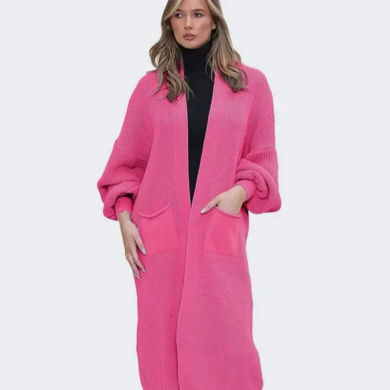 Long Ladies Balloon Sleeve Cardigan Oversized Pocket Chunky Weave Knitted Ribbed Jumper Comfort Knitwear 8