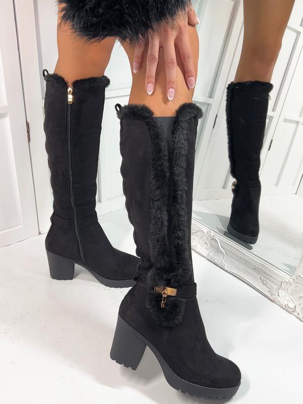 Maeve Heeled Knee High Zipped Boots with Faux Fur Trimming 2
