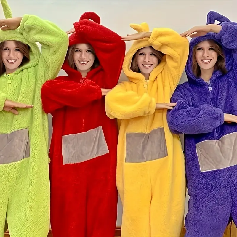 Teletubbies Onesies, Halloween Cartoon Cosplay Hooded Onesies, Super Soft Flannel Adult Pajamas, Cute Cartoon Teletubbies Onesies, Adult Pajamas, Nightgown, Pajamas Loungewear Menswear Nightwear Homewear Pjs Long Sleeve 5