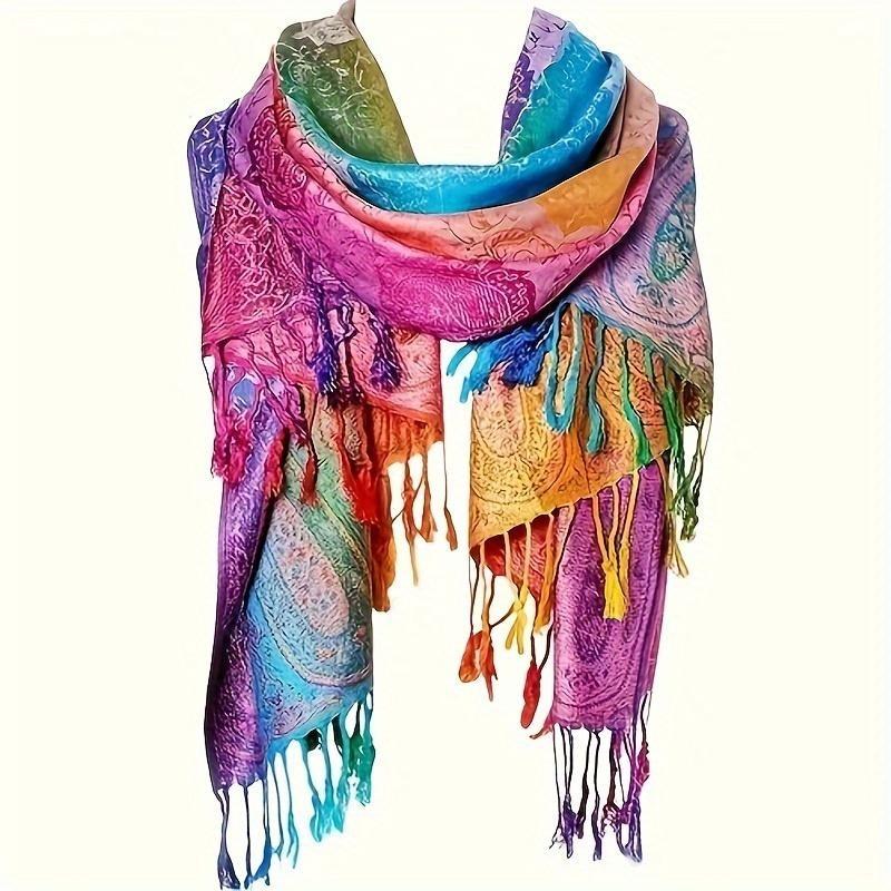 Women's Elegant Paisley Jacquard Scarf, Colorful Fringe Shawl, Versatile Inelastic Wrap For Travel, Photography, Mardi Gras 0