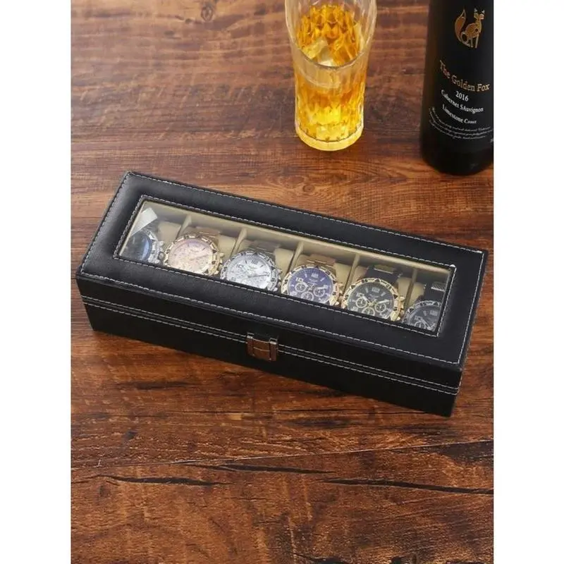 Luxury 6-Slot Watch Box Organizer with Glass Top, Premium Black PU Leather Exterior, Soft Velvet Interior, Square Watch Display Case with Flip-Top Lid for Storage and Showcase Multicolor 4