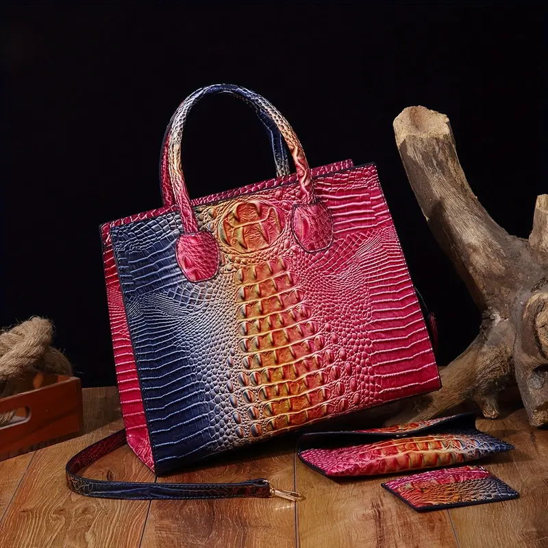 3pcs Gradient Color Crocodile Pattern Bag Set, Women Tote Handbag With Clutch Wallet, Credit Card Holder, Coin Purse 2
