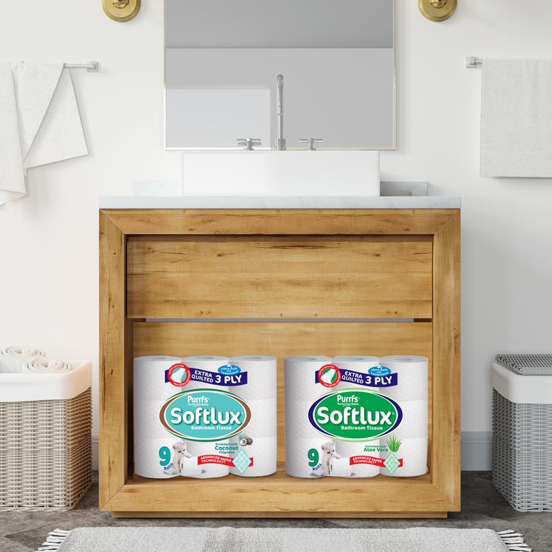 90 Toilet Rolls 45 Softlux Purffs Coconut + 45 Softly Purffs Aloe Vera 3ply Bathroom Luxury Quilted Toilet Rolls  (10*9pk) Flushable Disposable Family Toilet Pack Scented Kitchen Sheets Tissue Wipes 2