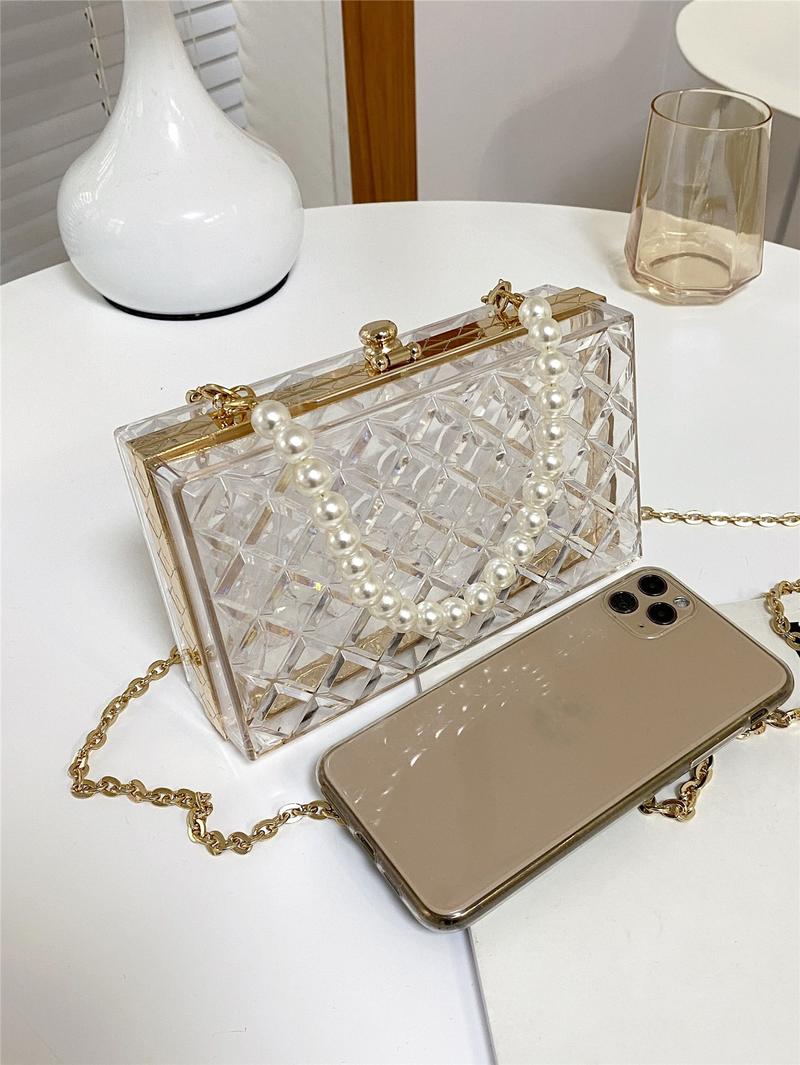 Product Introduction of NEW Pearl Handle Acrylic Mini Box Bag, Transparent Rhombus Clasp Pouch, Fashion Women's Evening Clutch Party Box Bag {Popular Gifts} 13