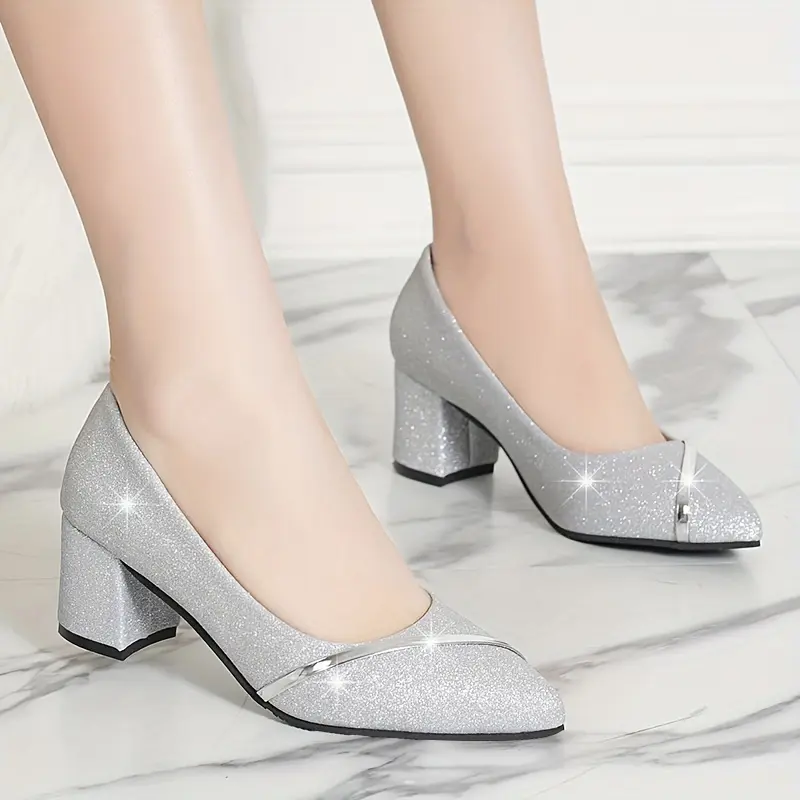 Women's Solid Color Elegant Shoes, Slip On Chunky Heel Sequins Pattern Casual Shoes, Lightweight Trendy & Glitter Shoes for Carnaval