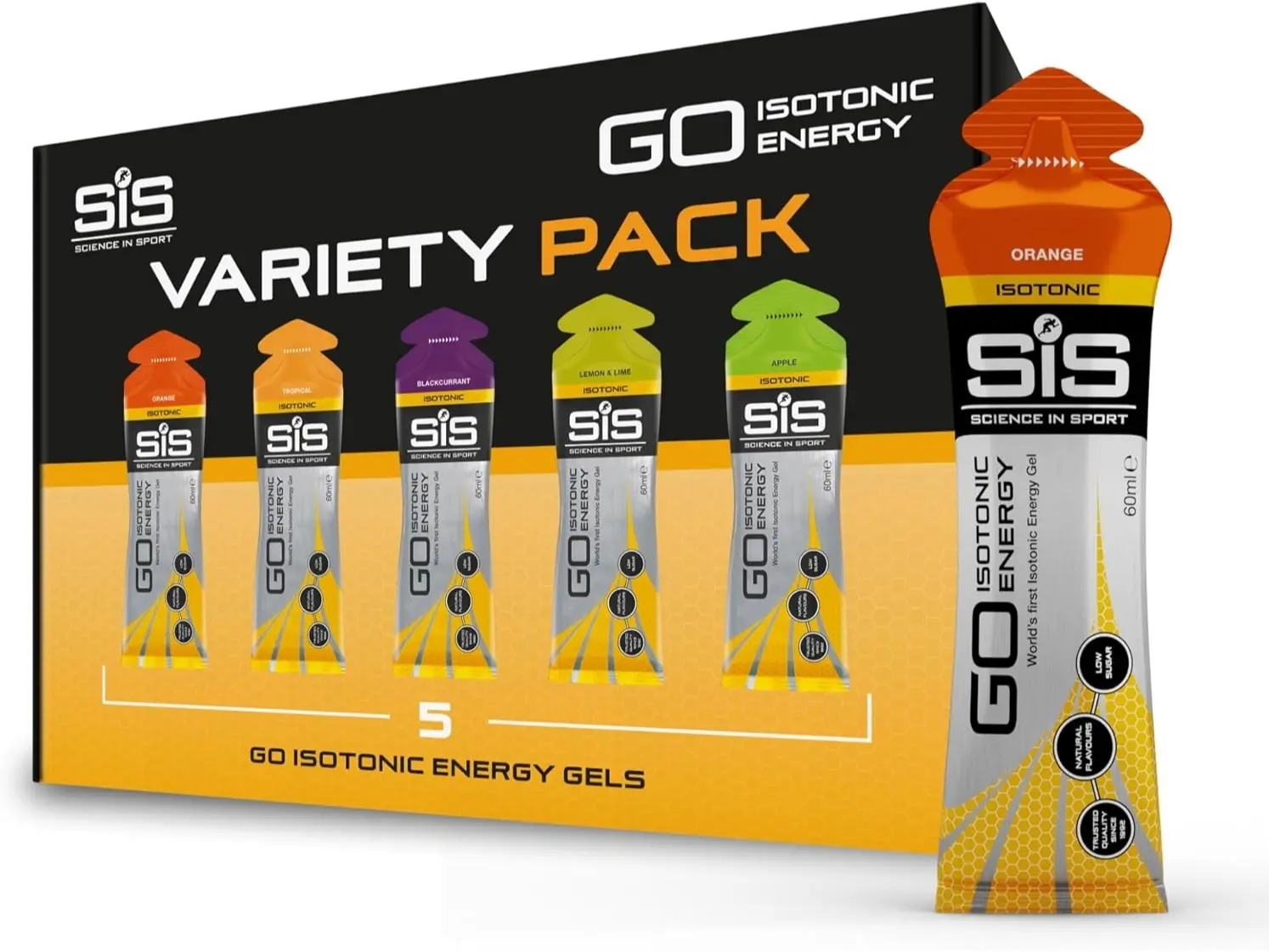 Science In Sport GO Isotonic Energy Gels, Running Gels with 22g Carbs, Low Sugar, 5 Pack Flavours