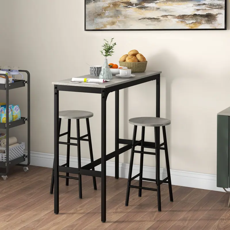 HOMCOM 3 Piece Bar Table Set with 2 Stools, Industrial Bar Table and Stool Set, Dining Table and Chair Set for Small Space, Grey 1