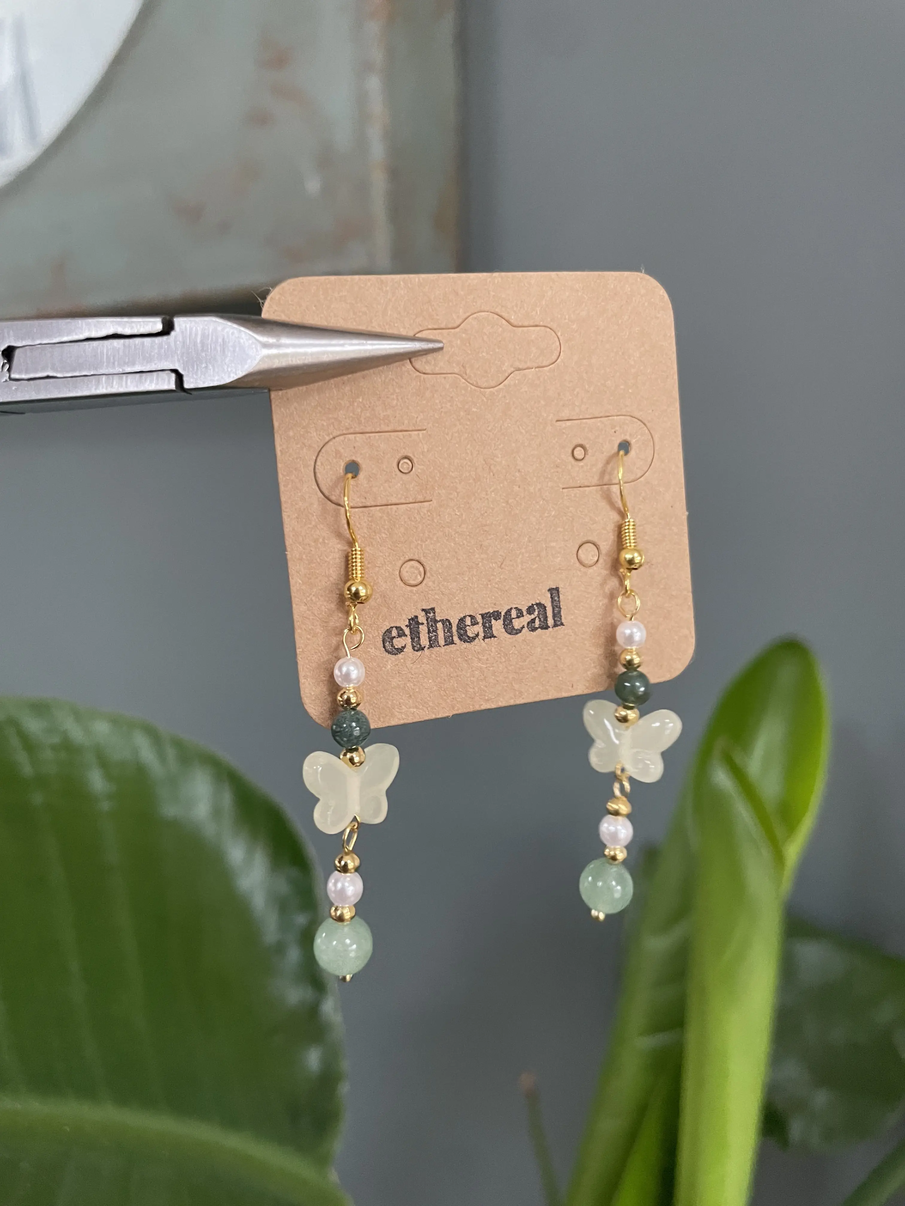 Jade Green Beaded Butterfly Earrings | Faux Pearl | Dangly Gold Earrings | Gold Plated 925 Sterling Silver Hooks | Perfect for Everyday Wear | Gold Butterfly Earrings | Affordable Jewellery | Ethereal Jewellery | Gift Ideas for Her