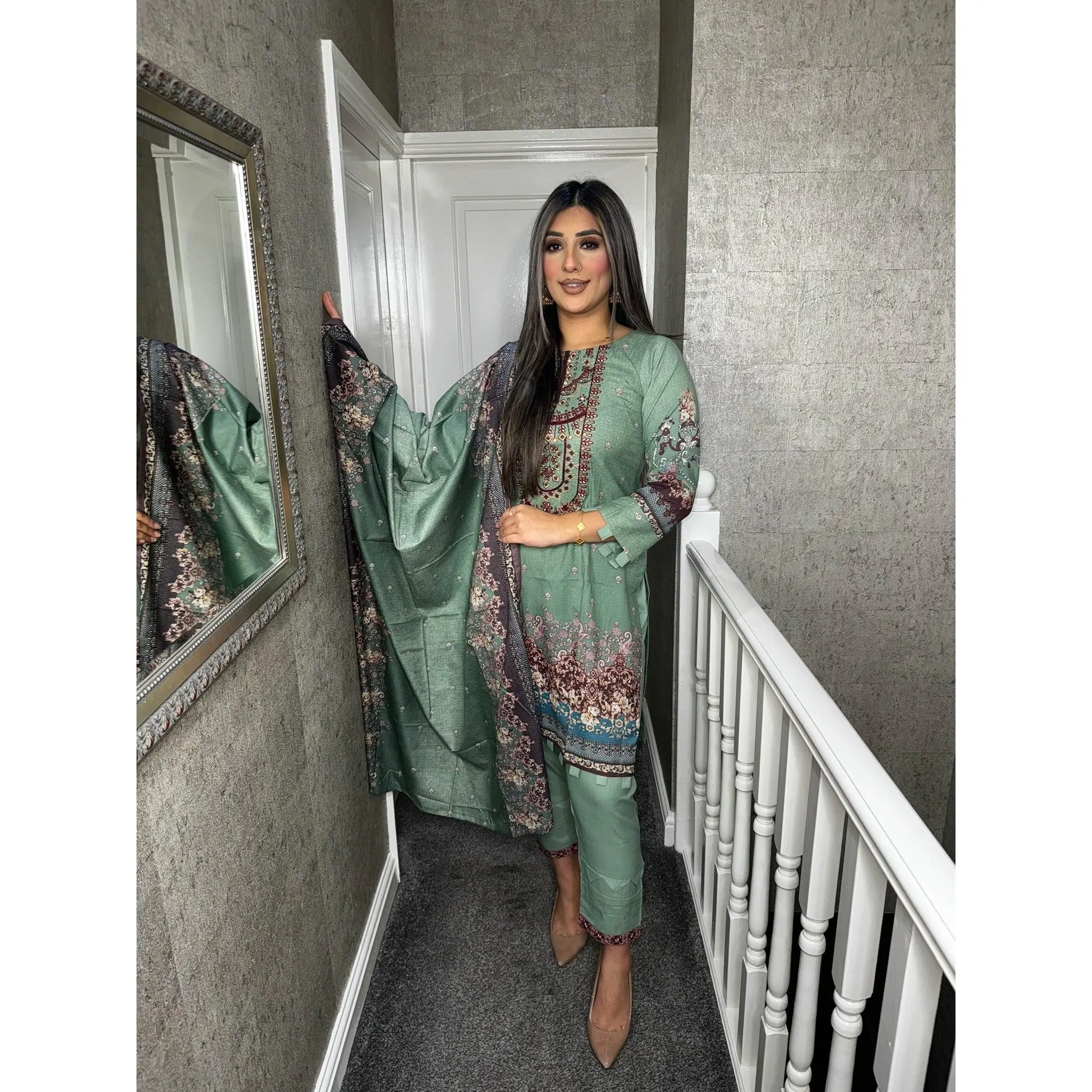 3PC Stitched Muted Teal shalwar Suit Ready to wear DHANAK winter Wear with Dhanak dupatta DNE-0304