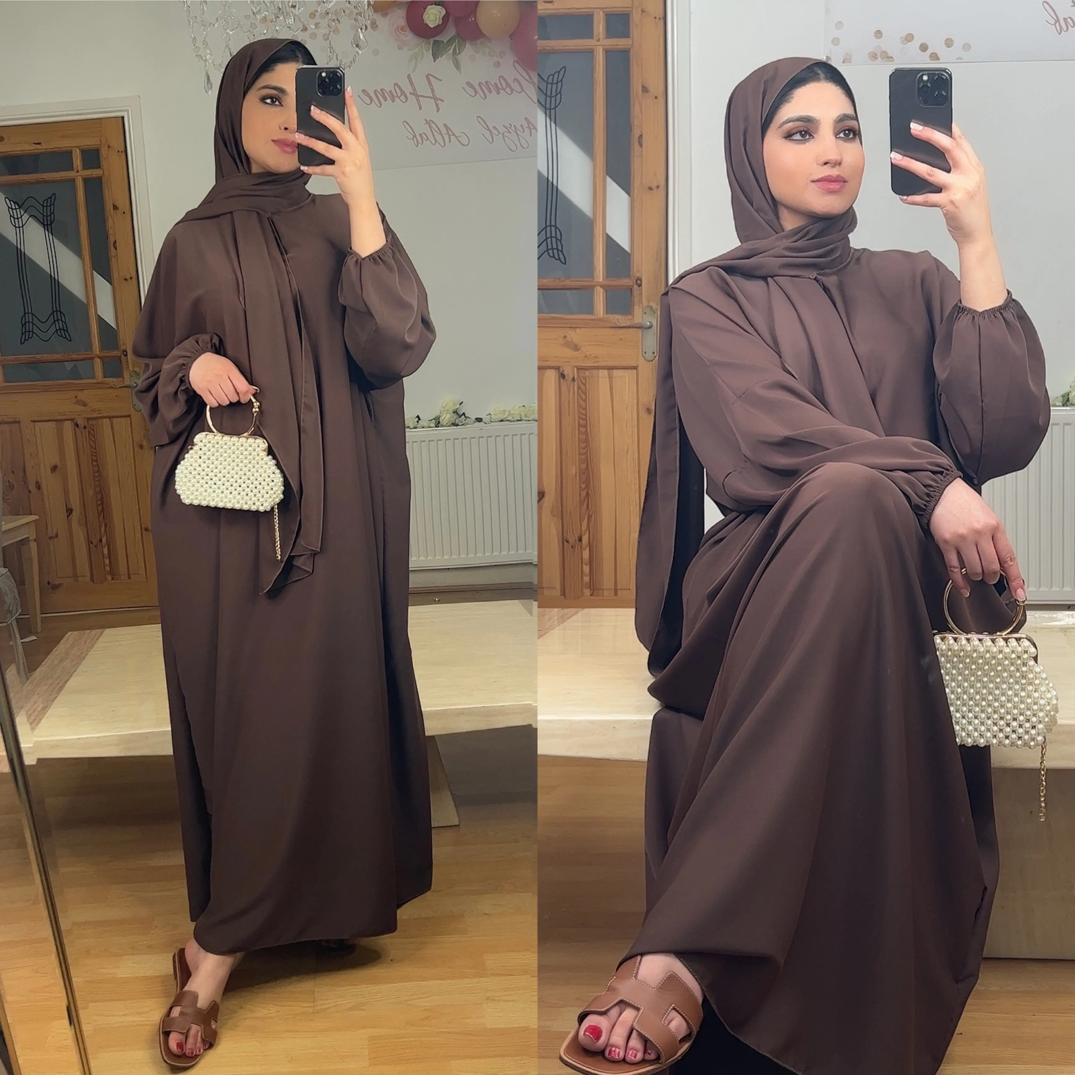 Women's Satin Abaya With Attached Scarf, Casual Ramadan Collection, Arabic Islamic Modest Fashion