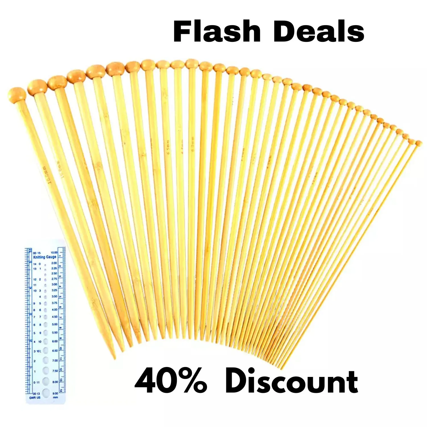 BAMBOO KNITTING NEEDLE SET 36PCS 18 SIZES (2mm - 10mm) W/ KNITTING GAUGE ZENO