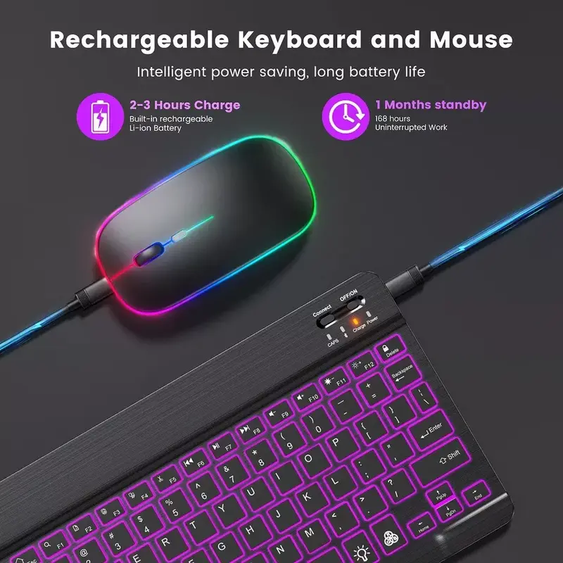 10" Wireless Backlit Bluetooth Keyboard Mouse For IOS Android Windows Tablet PC 3