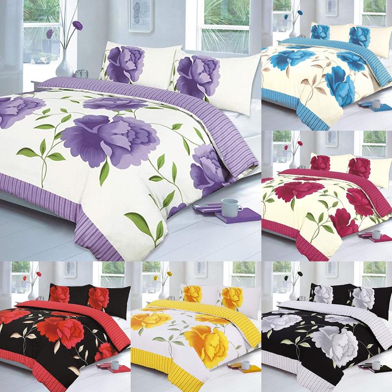 Rosaleen Floral Duvet Cover Sets with Pillowcases Flowery Pattern, Black Yellow Red Teal Fuchsia Chocolate Lilac Duvet Set - Single Double King Super King Bed Sizes IK 0