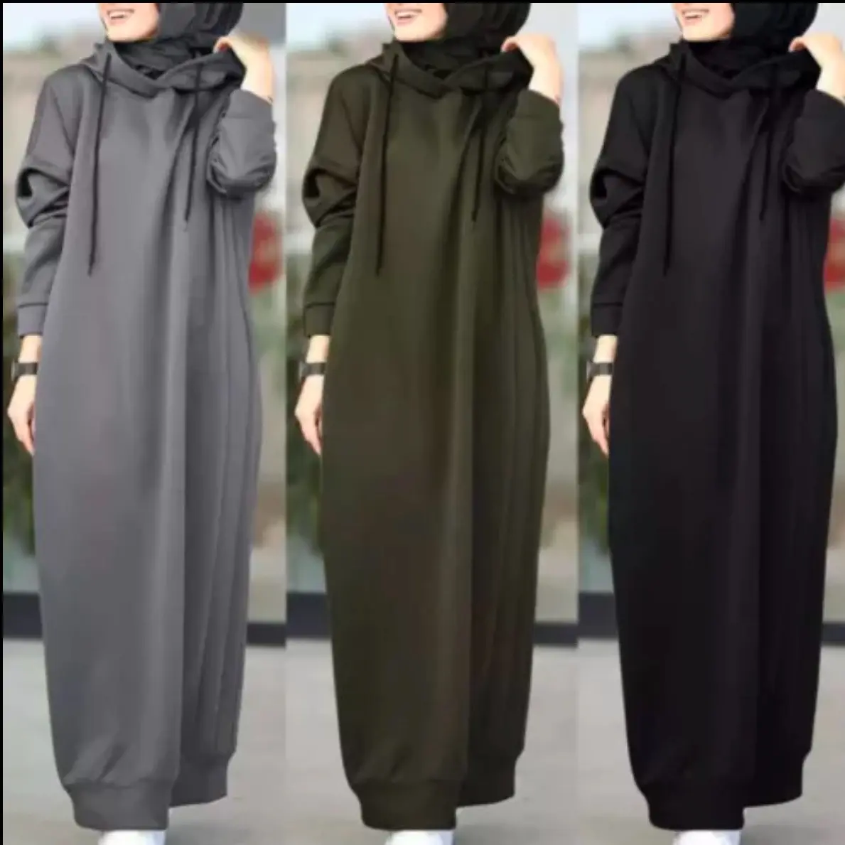 Women's extra long jumper with Hood Long Sleeve Sweater Maxi Dress Top - Black/Grey/Khaki Cosy Thick Casual Comfortable Hoodie Womenswear Loose Modest Abaya Jilbab