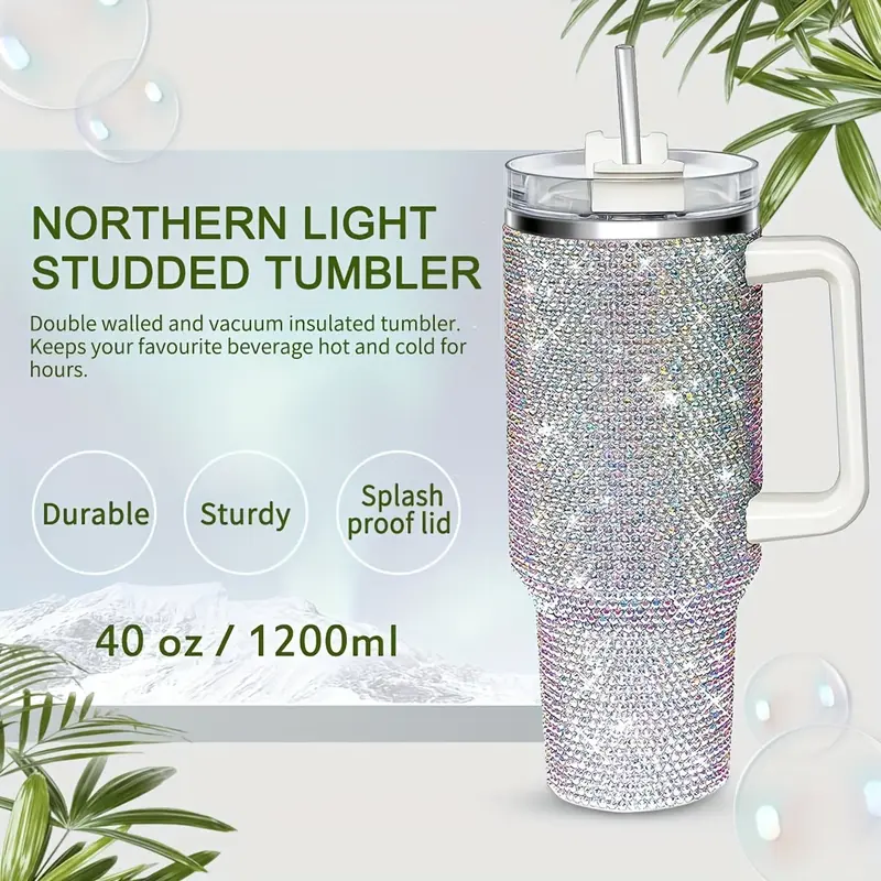 1pc 40 Oz Tumbler With Handle And Straw Lid, Studded Bling Diamond Tumbler, Stainless Steel Insulated Water Cup, Double Wall Travel Mug Fix For Car Cup Holder For Women 4