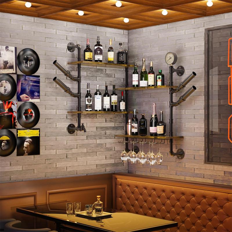 Pipe Bar Liquor Shelf, Floating Shelves with Wine Glass Holder, Wall Black Shelving Unit for Living Room and Kitchen 1