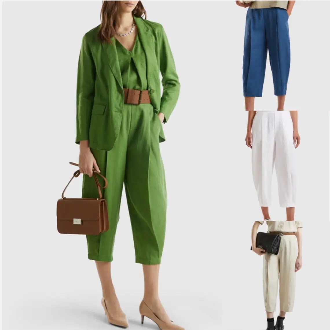 100% Linen Trousers Elastic Waist Casual Tapered Pleat Front Pocket Comfort Pants 6 - 16