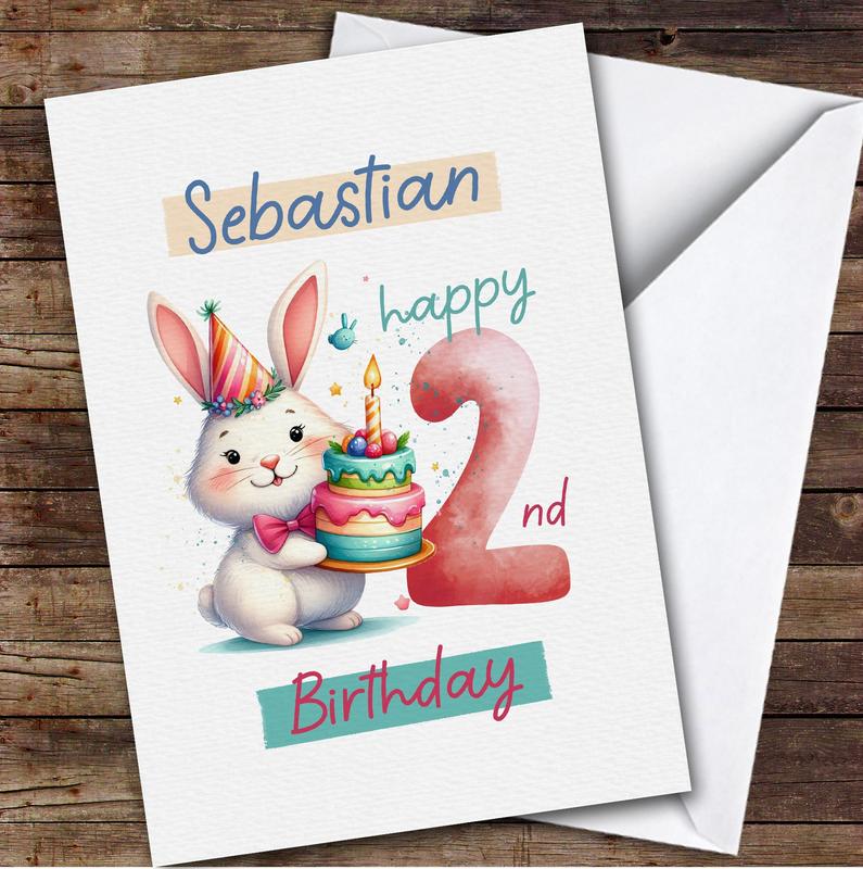 2nd Cute Bunny With A Cake Custom Personalised Birthday Card - Personalised Birthday Greeting Card For Kids, Custom Birthday Card 0