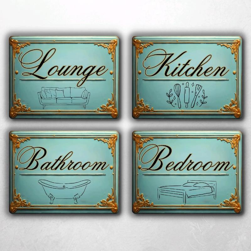 Door Signs for Home Plaques 1pcs, Kitchen, Lounge, Bedroom, Bathroom, Toilet, Ladies, Gents, Room Names Text, Vintage Rustic Pattern, Aluminium Metal, Shabby Chic Decoration for House Set, B&B Hotel Business Indoor/Outdoor - 20 x 15cm Retro Wall 2