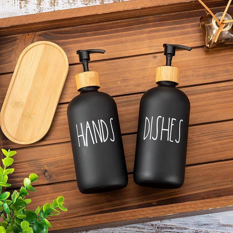 Glass Soap Dispenser Set of 2, Glass Soap Dispenser Bottle with Pump, 16 Oz Refillable Liquid Hand Jar Dispenser for Bathroom, Countertop, Kitchen, Laundry Room (Black) 0