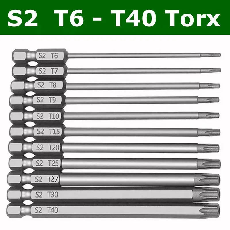 S2 T27/T25/T20/T15/T10/T9/T8/T7/T6 11-Pc Long Reach Torx Star Security Bit Set – Magnetic, Tamper-Proof, High-Precision, International Warranty 1