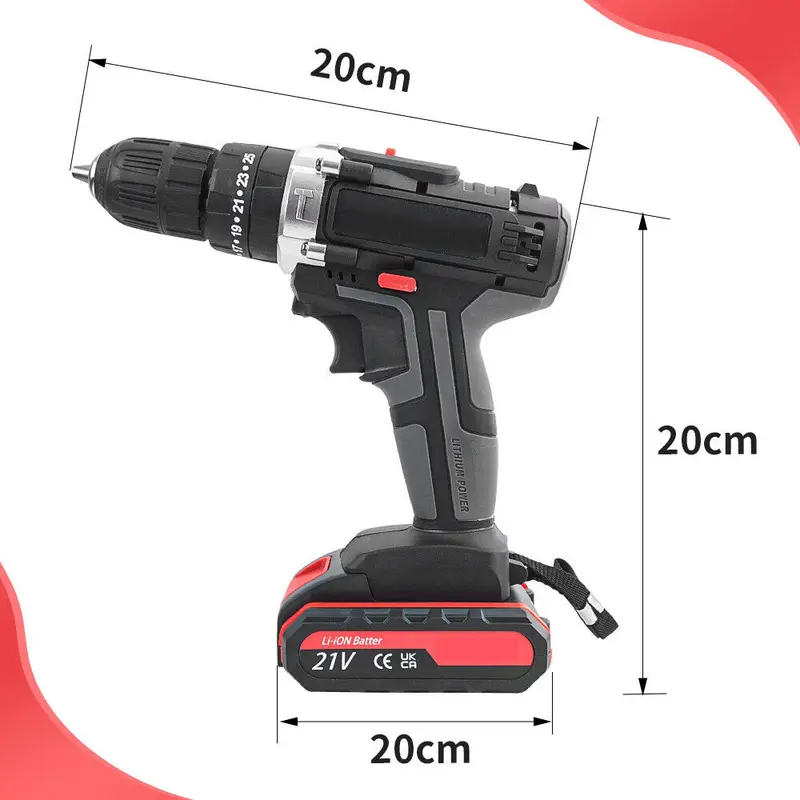 21V Cordless Combi Hammer Impact Drill Driver Electric Screwdriver Kit+2 Battery 1