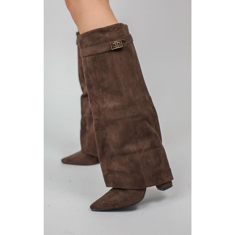 Brown Faux Suede Fold Over Shark Classic Buckle Knee High Boot 1